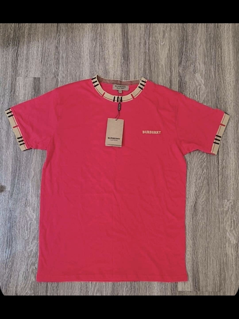 Burberry Hot Pink Short-Sleeve Logo Tee with Check Trim